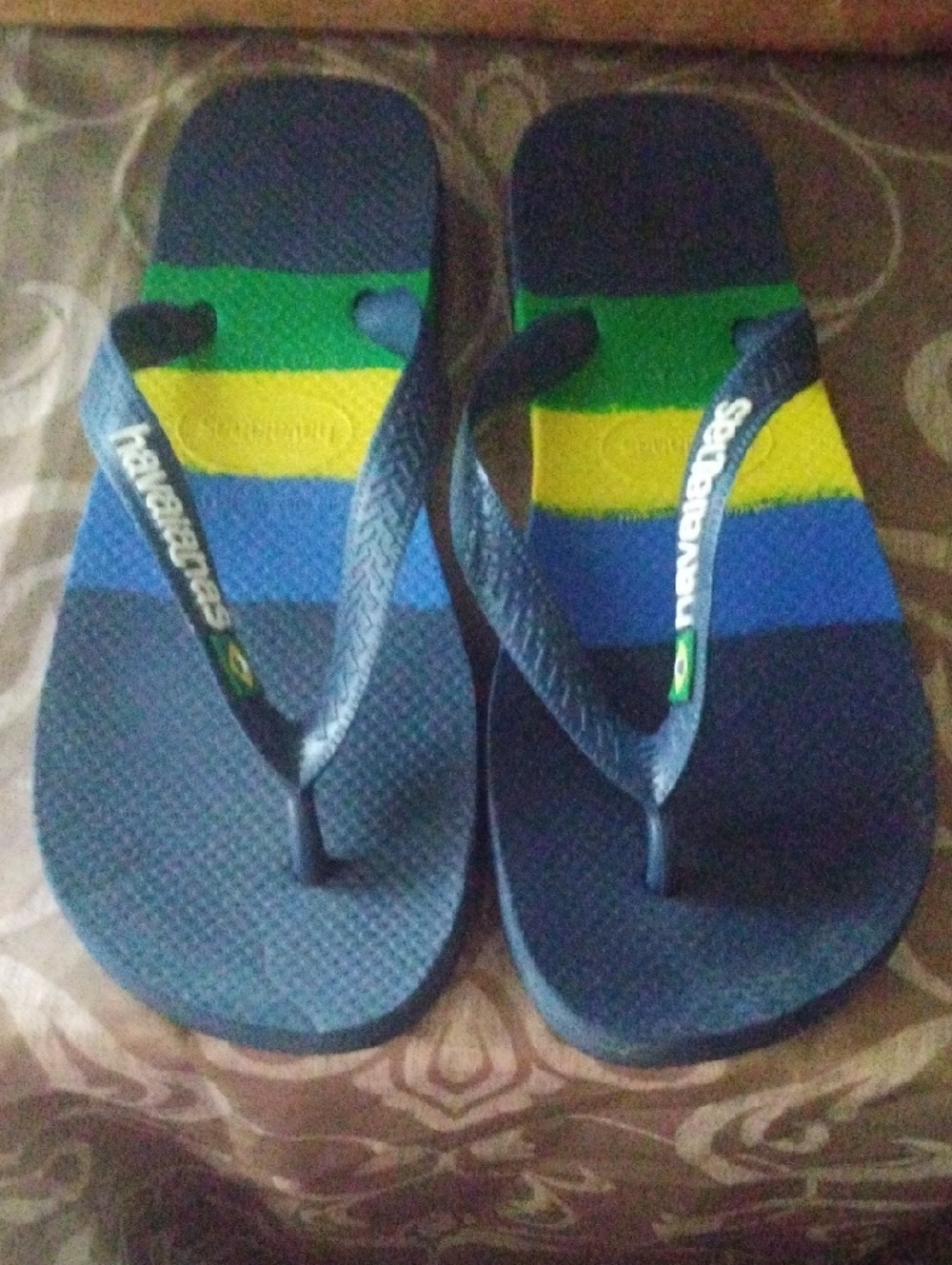 Havaianas Navy Flip Flops with Green and Yellow Stripes